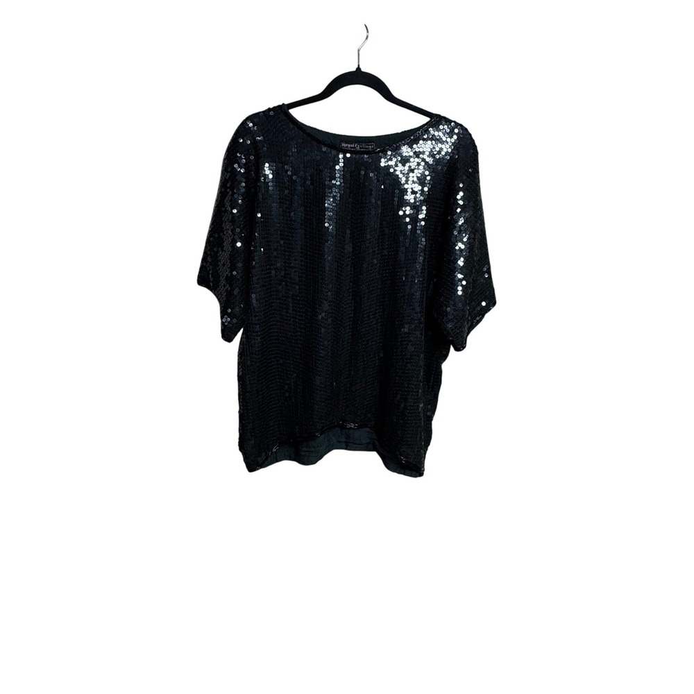 Royal Feelings Black Sequin Beaded Short‎ Sleeve Top Women's M